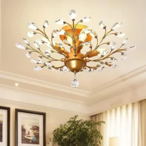 Lustre cristal doré avec design floral et éclairage LED