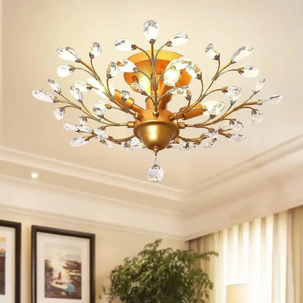 Lustre cristal doré avec design floral et éclairage LED