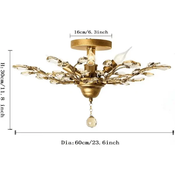 Lustre en cristal doré avec dimensions détaillées