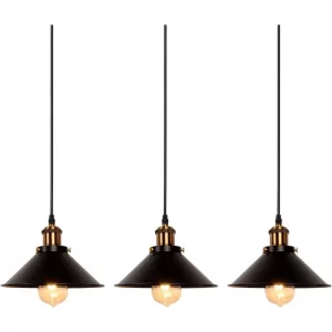 Suspension 3 lampes noir avec abat-jour en métal et finitions dorée