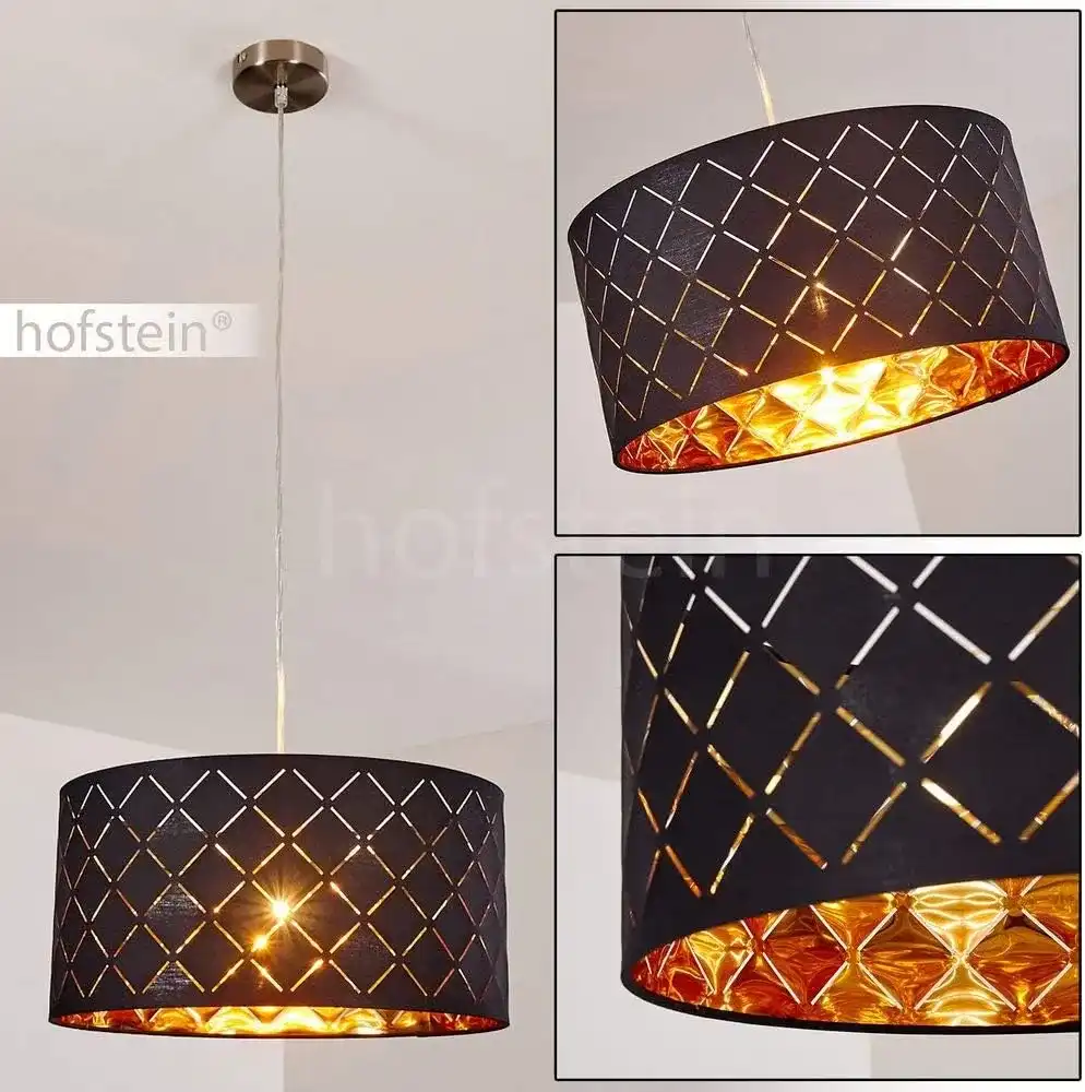 Suspension métal perforé avec abat-jour noir et intérieur doré