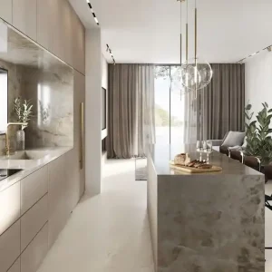 Lustre design en verre et laiton doré en cuisine moderne