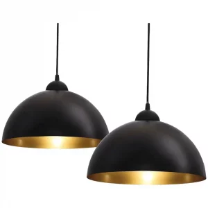 Lustre avec 2 lampes suspendues, finition noir mat et intérieur doré