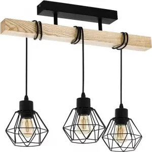 Lustre 3 lampes suspendues avec structure en bois et abat-jours en métal noir géométrique