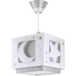 Lustre suspendu pour chambre de bébé, design cube avec motifs lune et étoile en blanc et gris