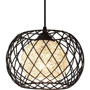 Suspension boule en rotin et abat-jour en métal noir