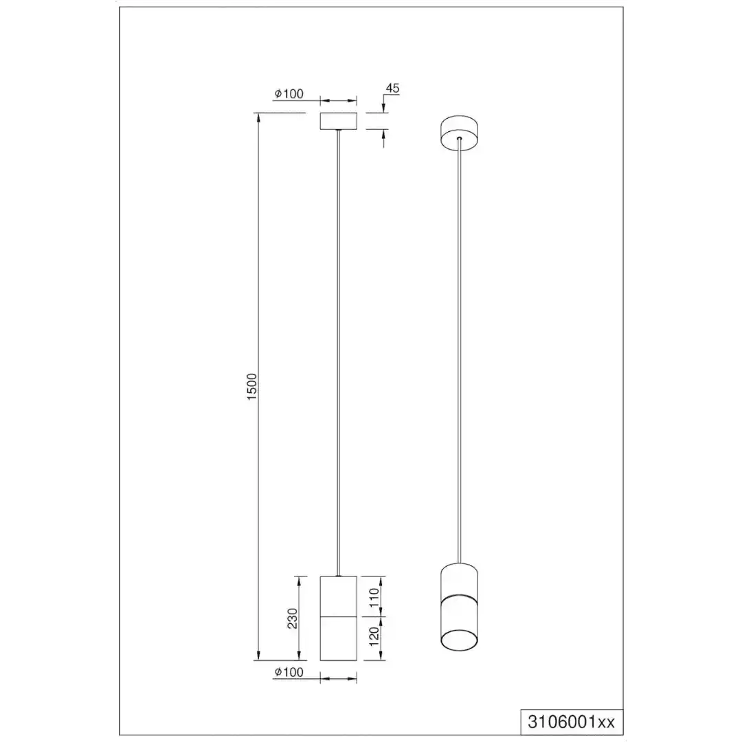 Schéma technique avec dimensions de la suspension en métal noir