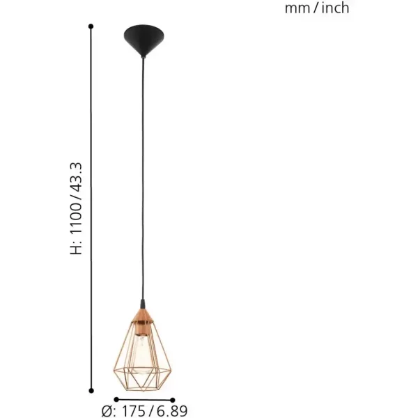Dimensions de la suspension vintage en métal cuivré avec design géométrique